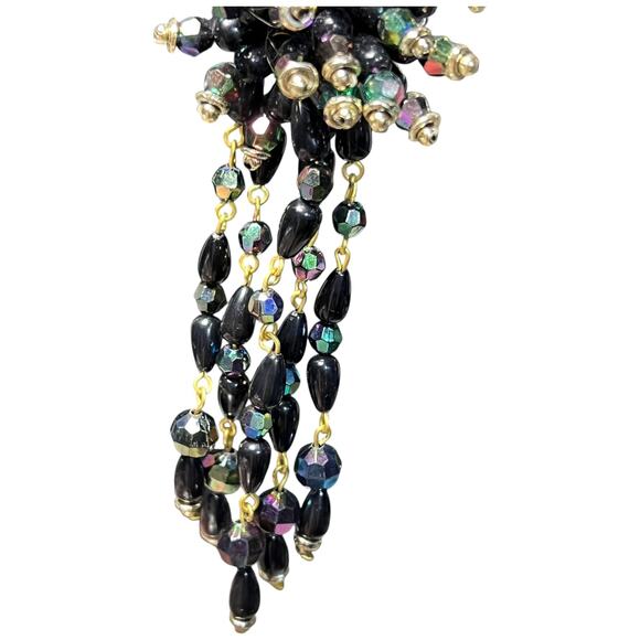 Black Iridescent Chandelier Clip On Earrings Vintage Statement - Picture 10 of 12